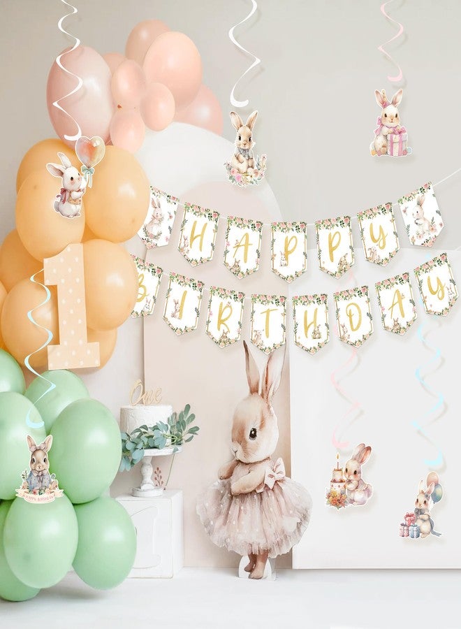 UNIIDECO Bunny Birthday Decorations Kit, 36PCS Easter Bunny Party Supplies with Happy Birthday Banner, Hanging Swirls Ceiling Decoration and Balloons for Girls Baby Shower Rabbit Themed Party - Image 4